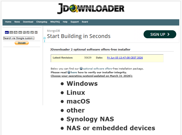 대용량 다운로드 실패 해결을 위한 JDownloader 설치 페이지